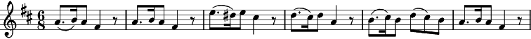 \time 6/8 \key d \major a8. [(b16) a8] fis4 r8 | a8. [b16 a8] fis4 r8 | e'8. (dis16) e8 cis4 r8 | d8. (cis16) d8 a4 r8 | b8.( cis16) b8 d8[( cis8) b8] | a8.[ b16 a8] fis4 r8  